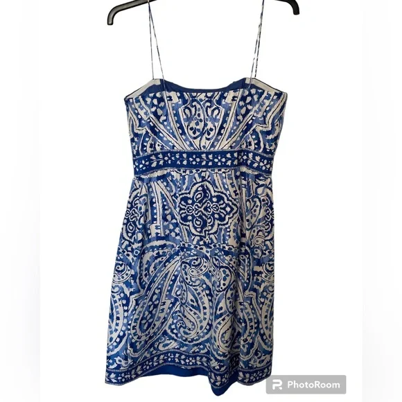 Donna Morgan Silk Classic Blue and White Dress - Picture 3 of 9